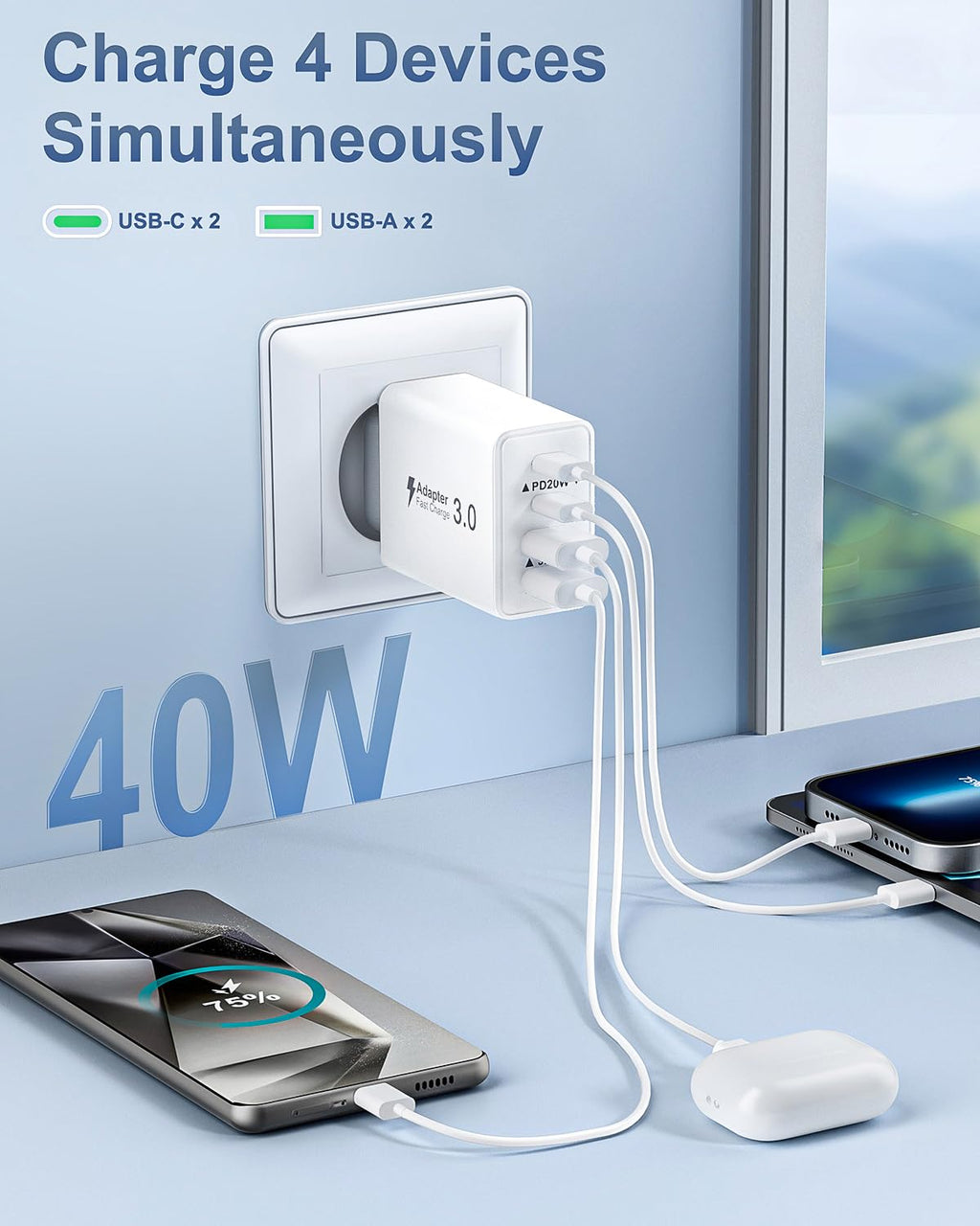 USB C Ladegerät, 40W 4 Ports Stecker Mehrfach Schnellladegerät USB C Ladegerät für iPhone 17 16 15 14 13 Pro Max Plus 12 11, Samsung