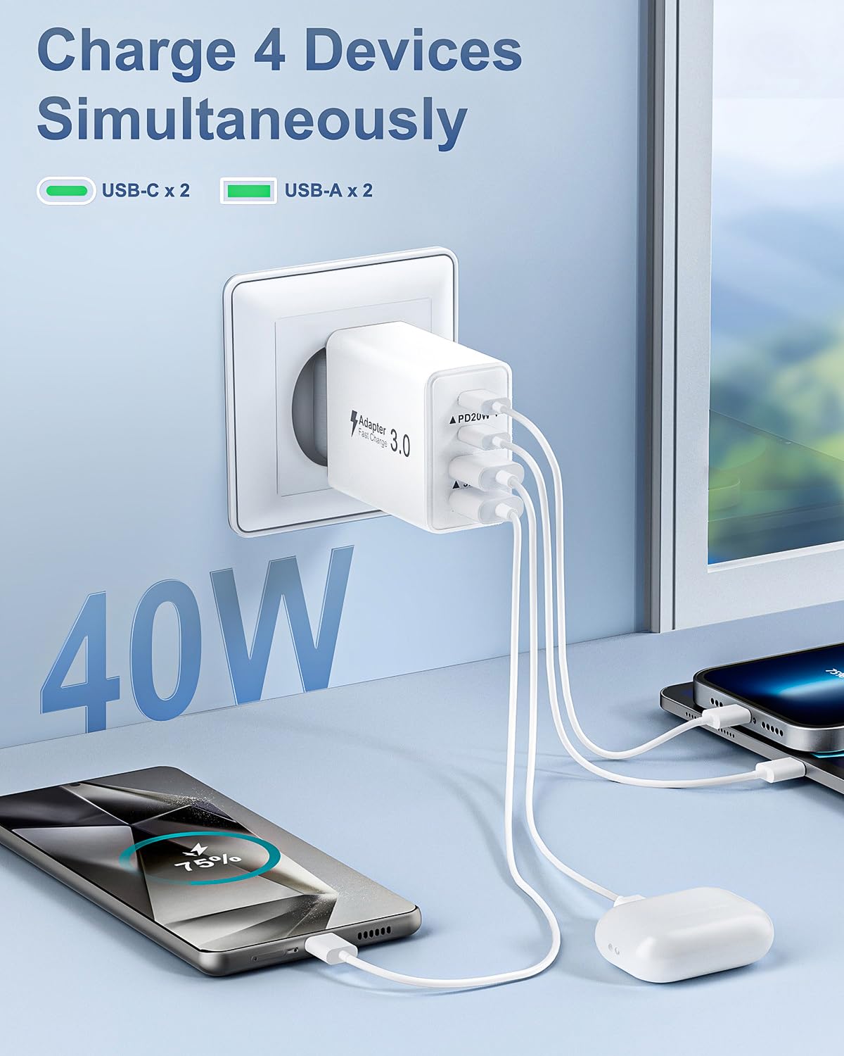USB C Ladegerät, 40W 4 Ports Stecker Mehrfach Schnellladegerät USB C Ladegerät für iPhone 17 16 15 14 13 Pro Max Plus 12 11, Samsung