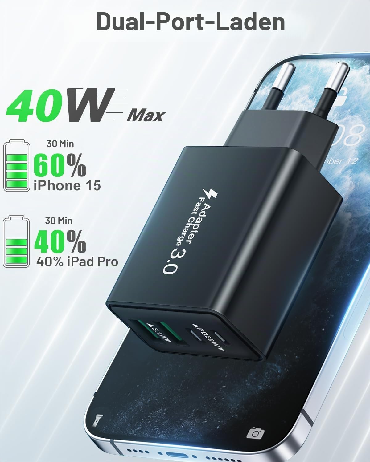 USB C Ladegerät, 40W 4 Ports Stecker Mehrfach Schnellladegerät USB C Ladegerät für iPhone 17 16 15 14 13 Pro Max Plus 12 11, Samsung
