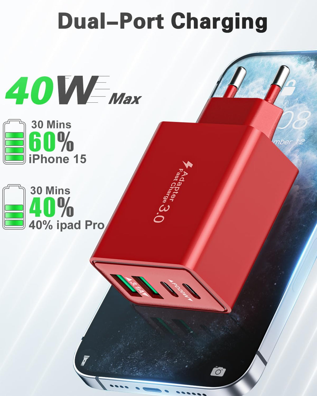 USB C Ladegerät, 40W 4 Ports Stecker Mehrfach Schnellladegerät USB C Ladegerät für iPhone 17 16 15 14 13 Pro Max Plus 12 11, Samsung