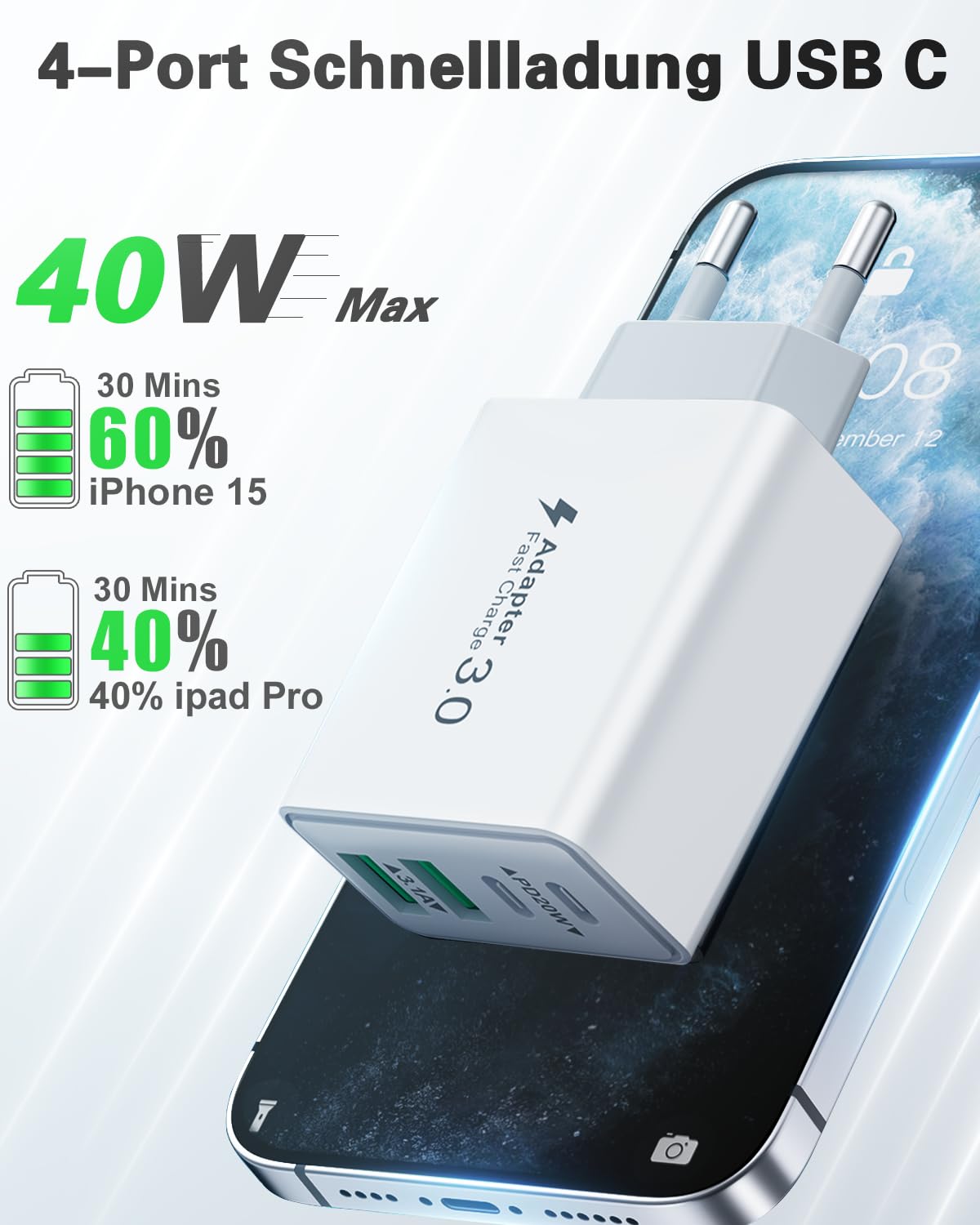 USB C Ladegerät, 40W 4 Ports Stecker Mehrfach Schnellladegerät USB C Ladegerät für iPhone 17 16 15 14 13 Pro Max Plus 12 11, Samsung