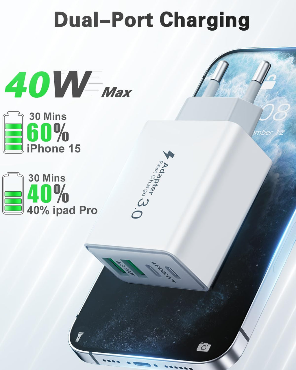 USB C Ladegerät, 40W 4 Ports Stecker Mehrfach Schnellladegerät USB C Ladegerät für iPhone 17 16 15 14 13 Pro Max Plus 12 11, Samsung
