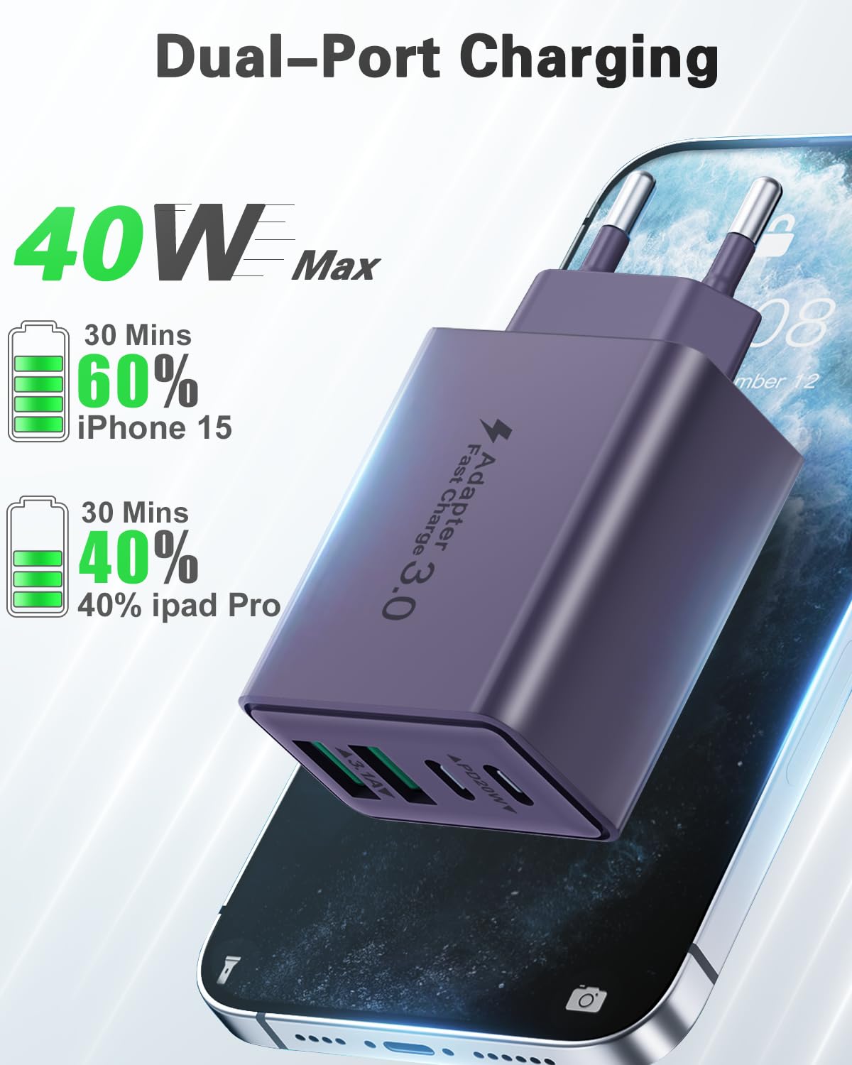 USB C Ladegerät, 40W 4 Ports Stecker Mehrfach Schnellladegerät USB C Ladegerät für iPhone 17 16 15 14 13 Pro Max Plus 12 11, Samsung