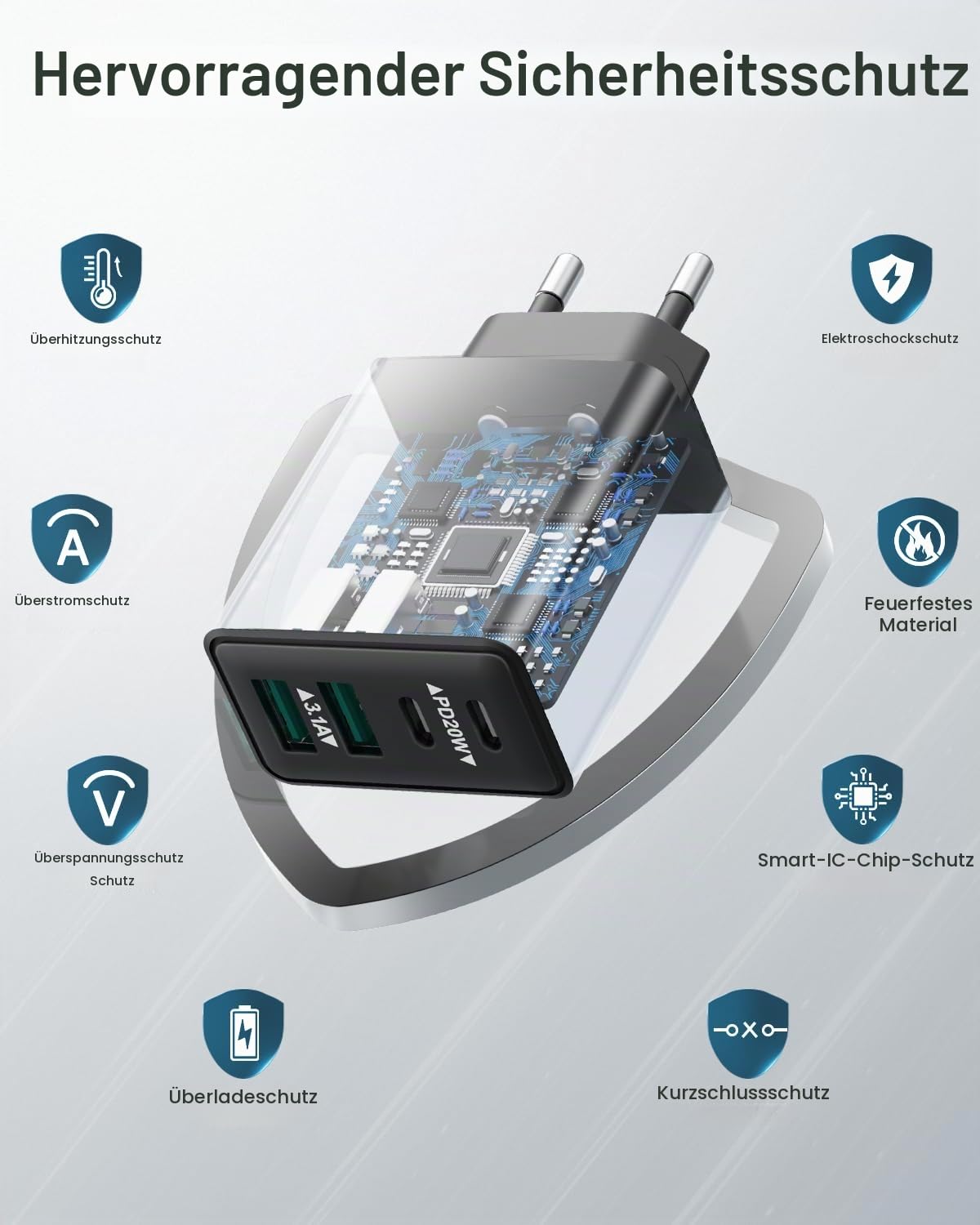 USB C Ladegerät, 40W 4 Ports Stecker Mehrfach Schnellladegerät USB C Ladegerät für iPhone 17 16 15 14 13 Pro Max Plus 12 11, Samsung