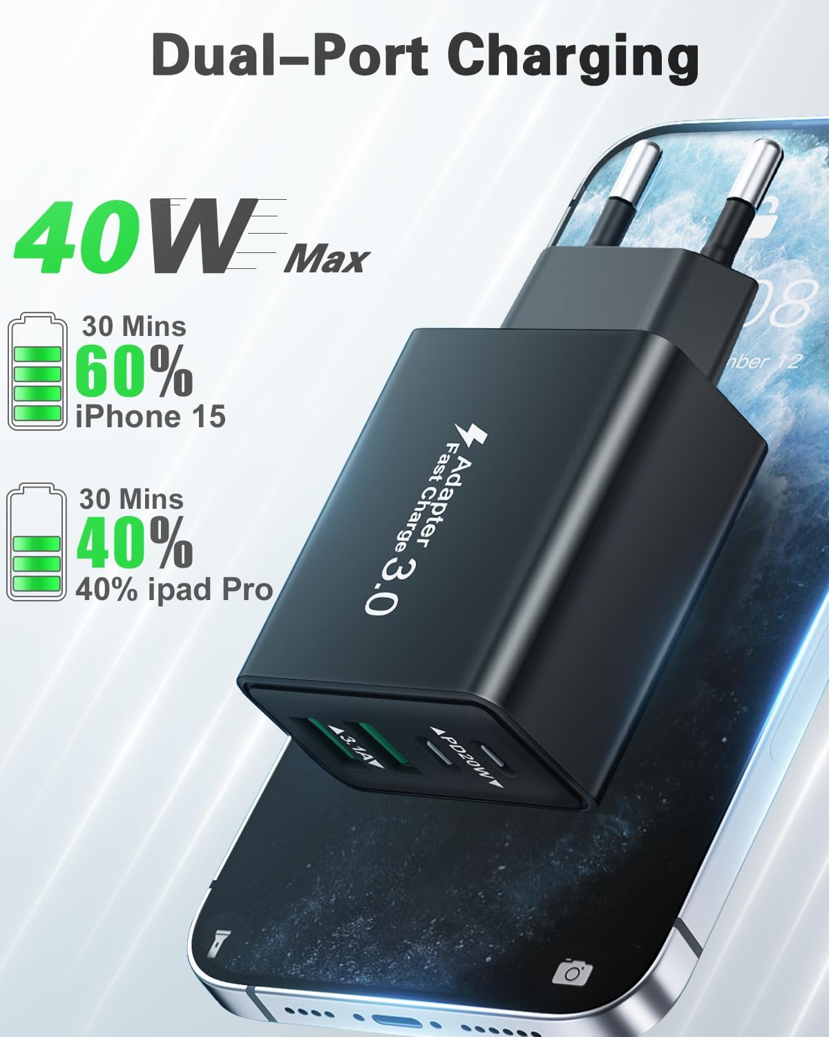 USB C Ladegerät, 40W 4 Ports Stecker Mehrfach Schnellladegerät USB C Ladegerät für iPhone 17 16 15 14 13 Pro Max Plus 12 11, Samsung