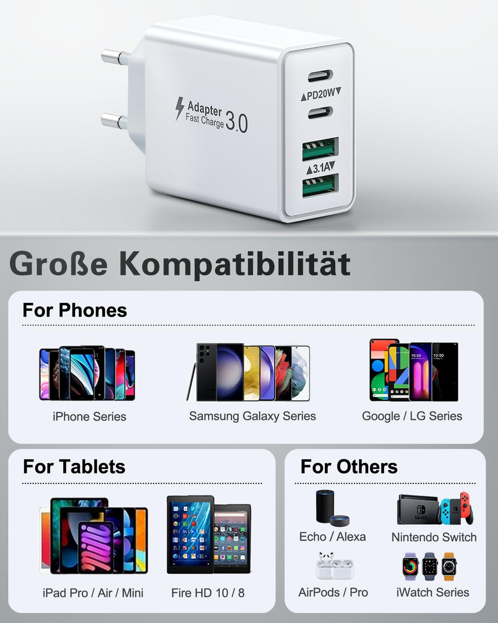 USB C Ladegerät, 40W 4 Ports Stecker Mehrfach Schnellladegerät USB C Ladegerät für iPhone 17 16 15 14 13 Pro Max Plus 12 11, Samsung