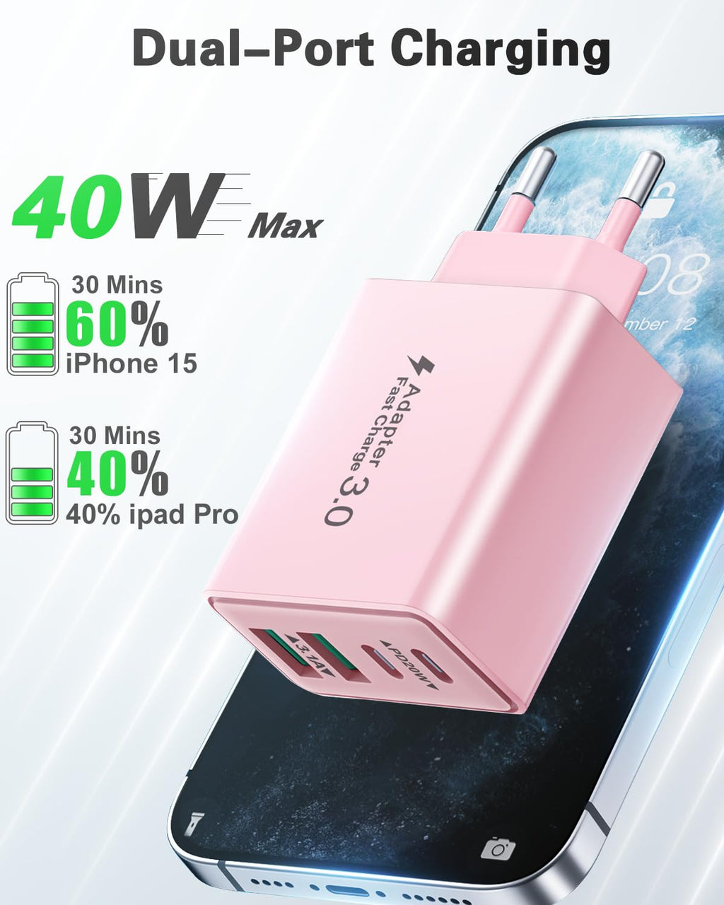 USB C Ladegerät, 40W 4 Ports Stecker Mehrfach Schnellladegerät USB C Ladegerät für iPhone 17 16 15 14 13 Pro Max Plus 12 11, Samsung