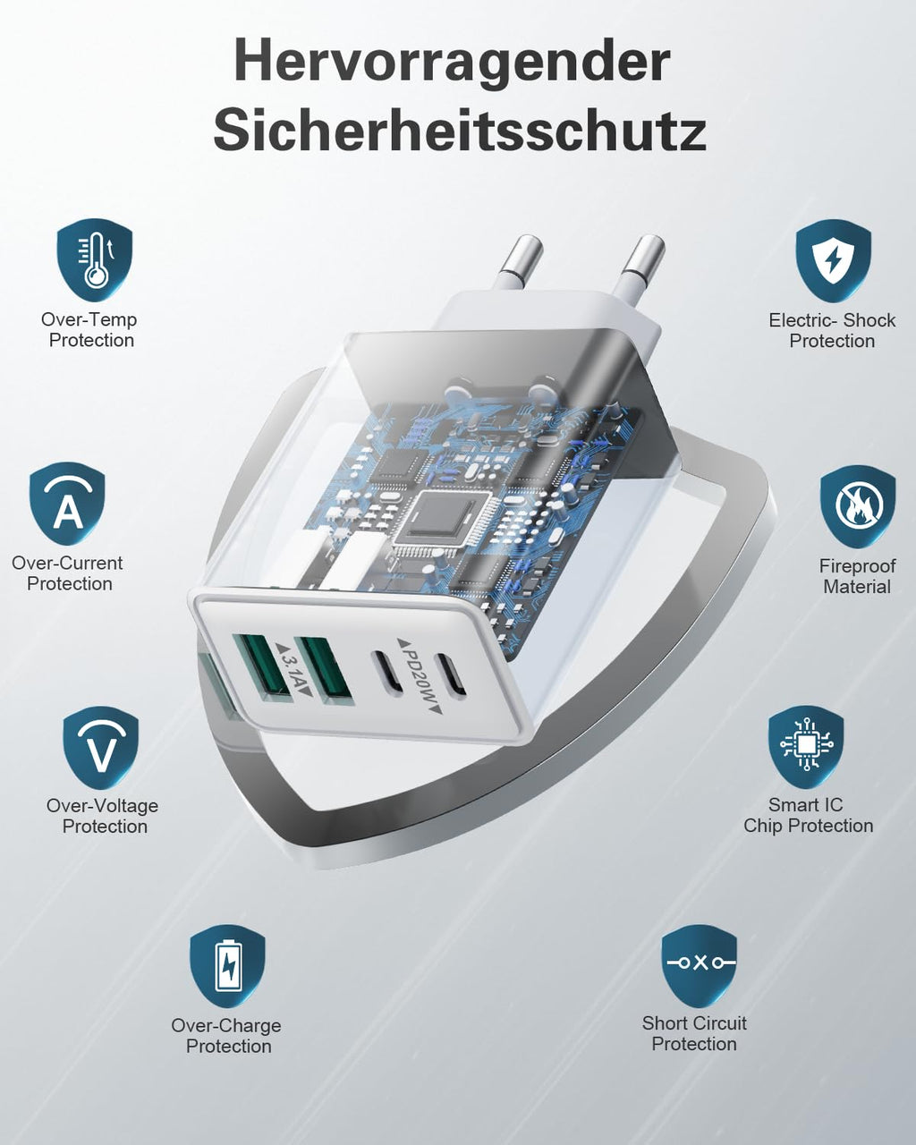 USB C Ladegerät, 40W 4 Ports Stecker Mehrfach Schnellladegerät USB C Ladegerät für iPhone 17 16 15 14 13 Pro Max Plus 12 11, Samsung
