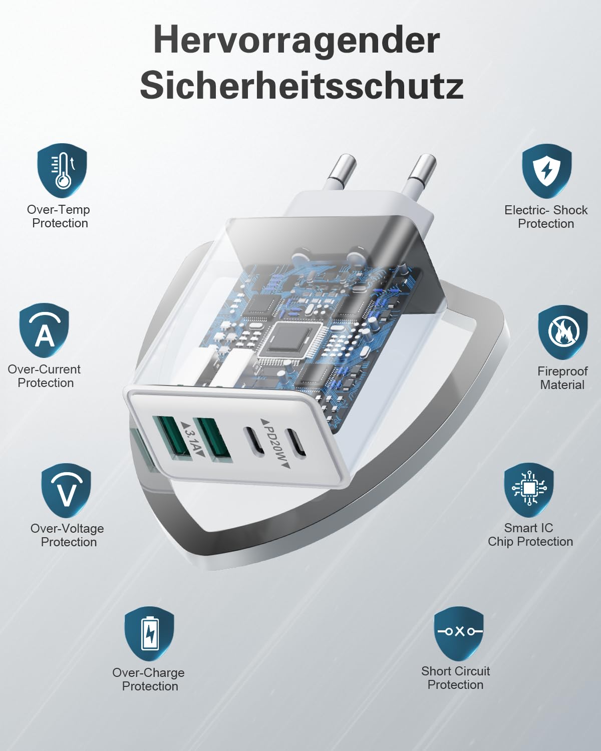 USB C Ladegerät, 40W 4 Ports Stecker Mehrfach Schnellladegerät USB C Ladegerät für iPhone 17 16 15 14 13 Pro Max Plus 12 11, Samsung