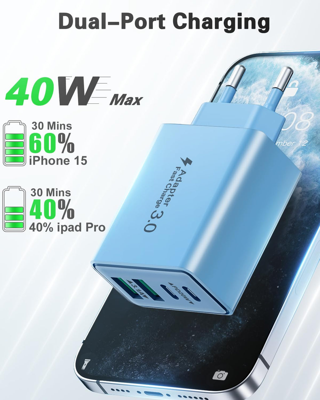 USB C Ladegerät, 40W 4 Ports Stecker Mehrfach Schnellladegerät USB C Ladegerät für iPhone 17 16 15 14 13 Pro Max Plus 12 11, Samsung