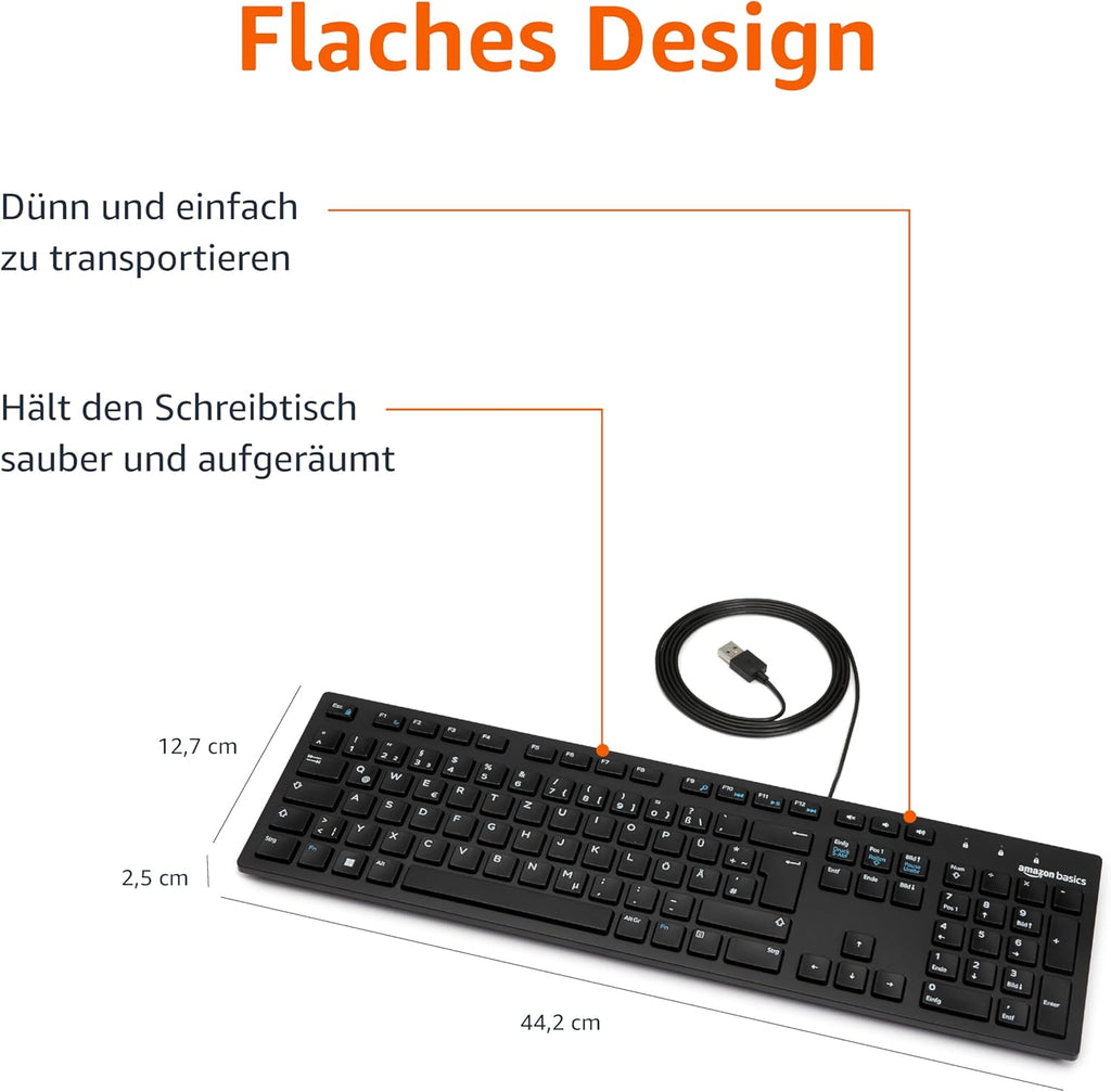 Basics Tastatur mit DE-Layout, flach, USB-kabelgebunden, Mattschwarz