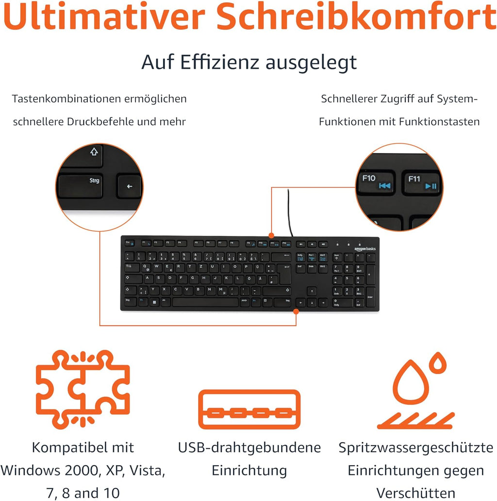 Basics Tastatur mit DE-Layout, flach, USB-kabelgebunden, Mattschwarz