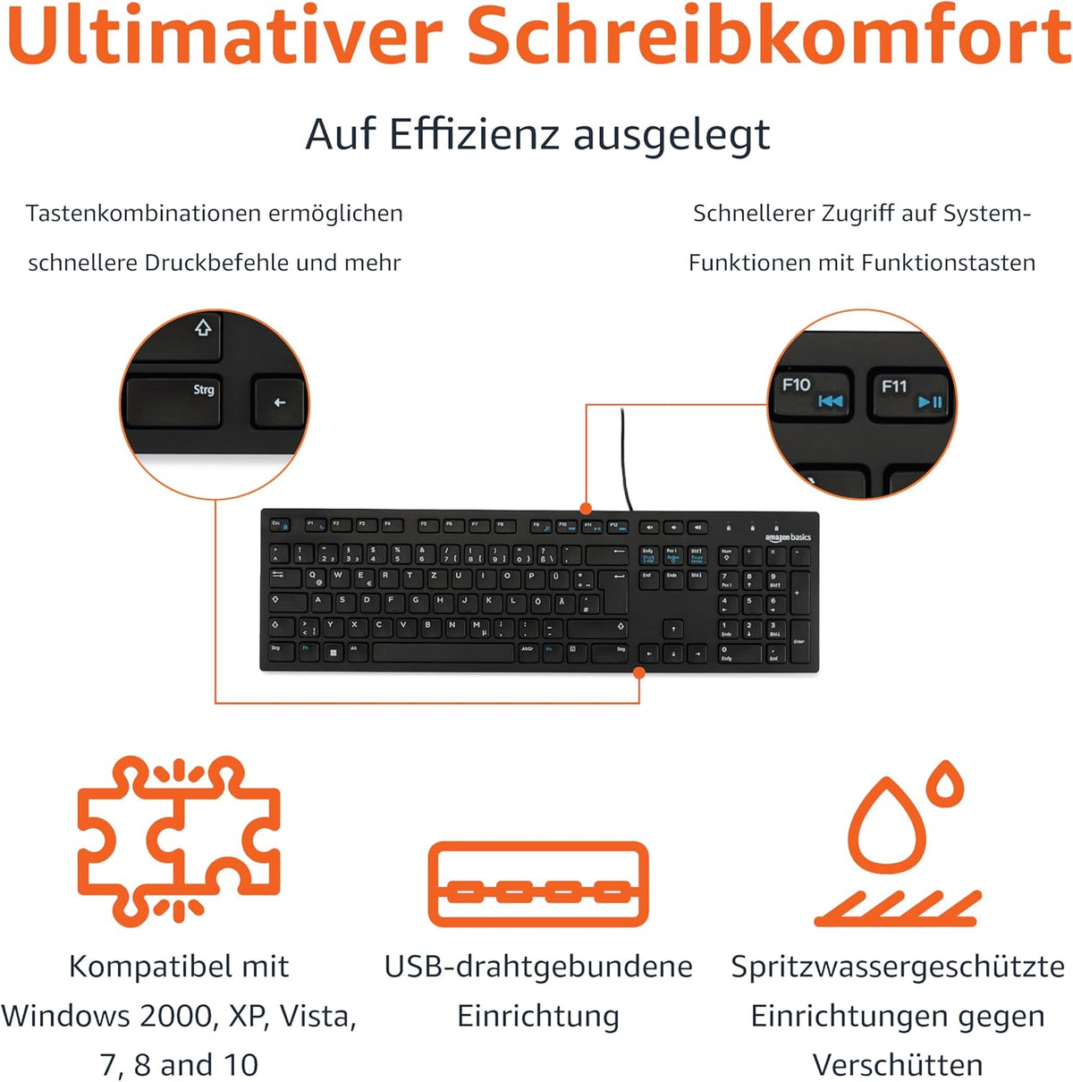 Basics Tastatur mit DE-Layout, flach, USB-kabelgebunden, Mattschwarz