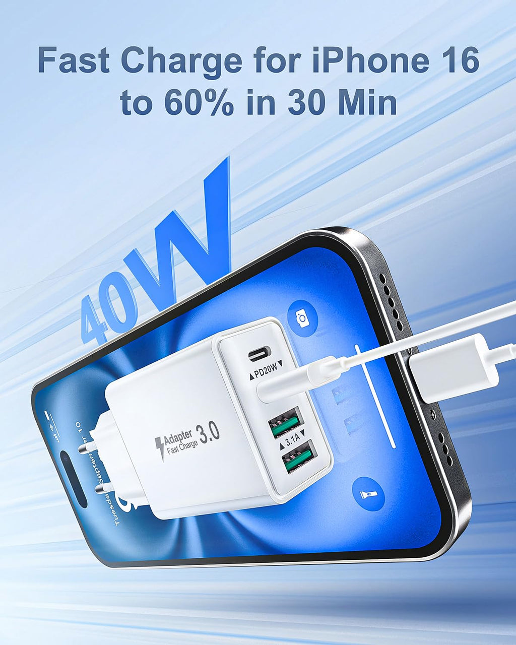 USB C Ladegerät, 40W 4 Ports Stecker Mehrfach Schnellladegerät USB C Ladegerät für iPhone 17 16 15 14 13 Pro Max Plus 12 11, Samsung
