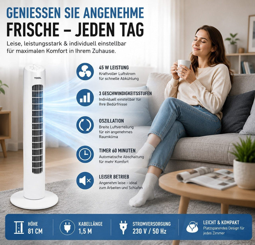 TURMVENTILATOR  Ventilator 74 cm mit FERNBEDIENUNG 45W Standventilator B WARE