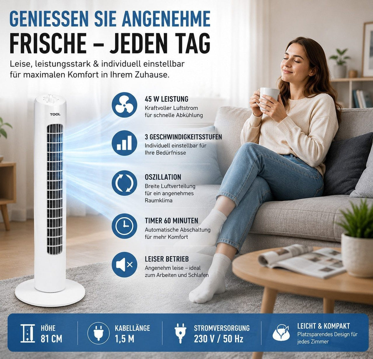 TURMVENTILATOR  Ventilator 74 cm mit FERNBEDIENUNG 45W Standventilator B WARE