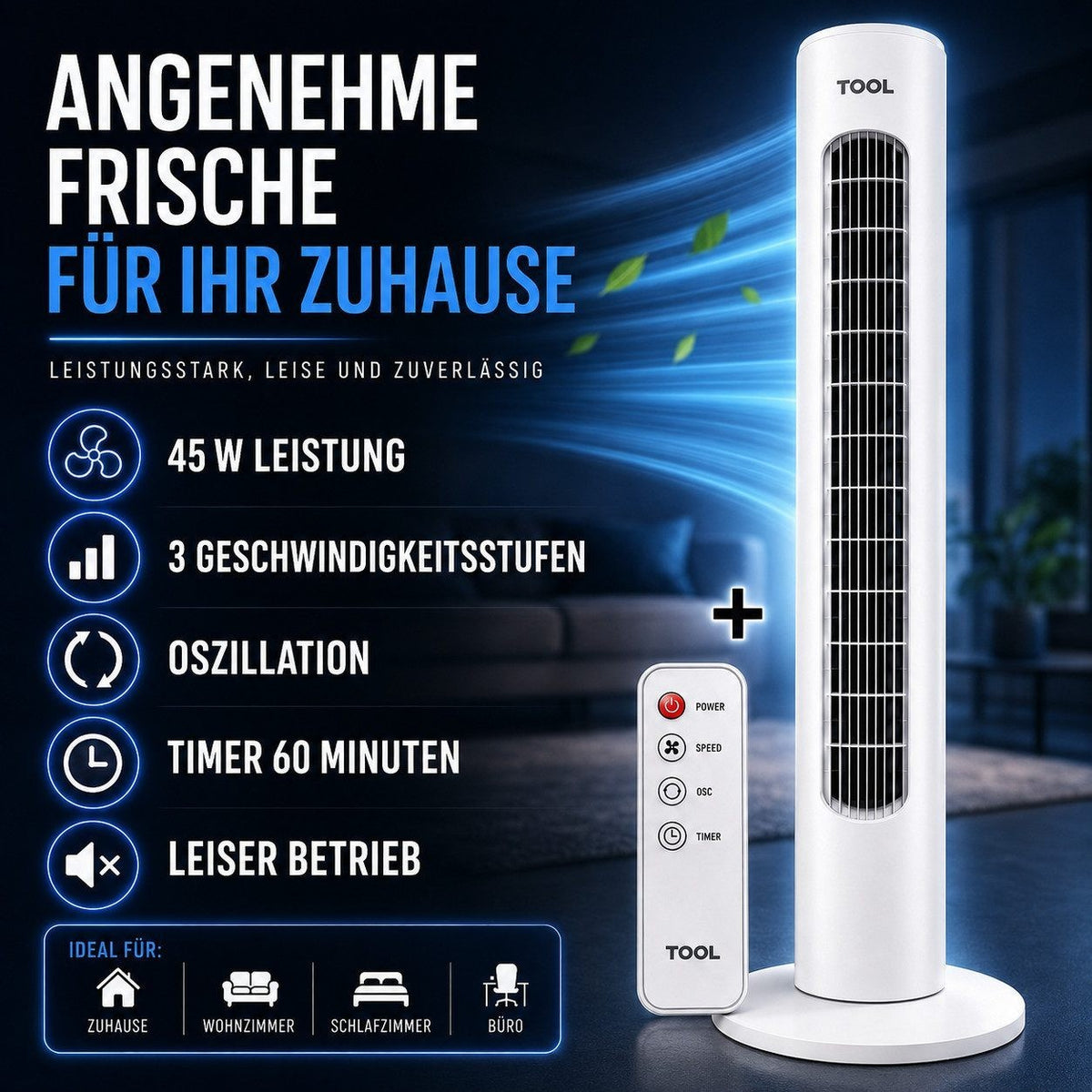 TURMVENTILATOR  Ventilator 74 cm mit FERNBEDIENUNG 45W Standventilator B WARE