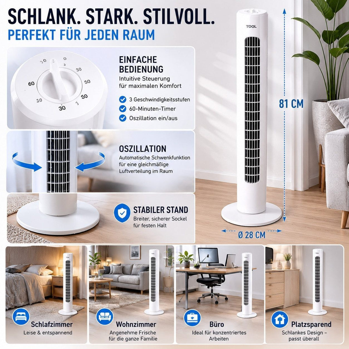 TURMVENTILATOR  Ventilator 74 cm mit FERNBEDIENUNG 45W Standventilator B WARE